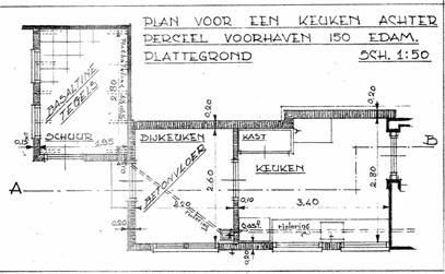 <p>Plattegrond van de keuken/bijkeuken en de schuur, behorend bij de bouwaanvraag uit 1939. </p>
